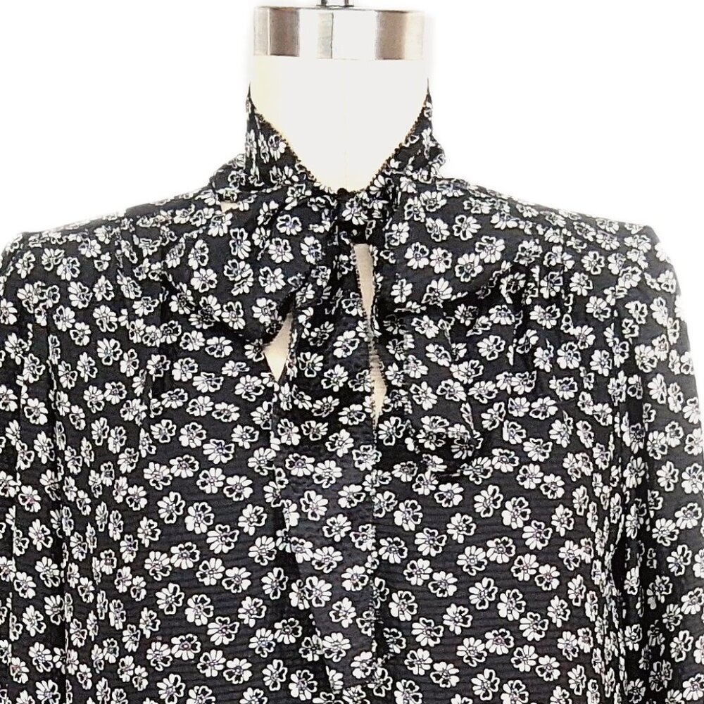 Rebecca Taylor Rue Silk Dress Black White Tie Neck Floral Smocked Cuffs Size 0 - Picture 3 of 11